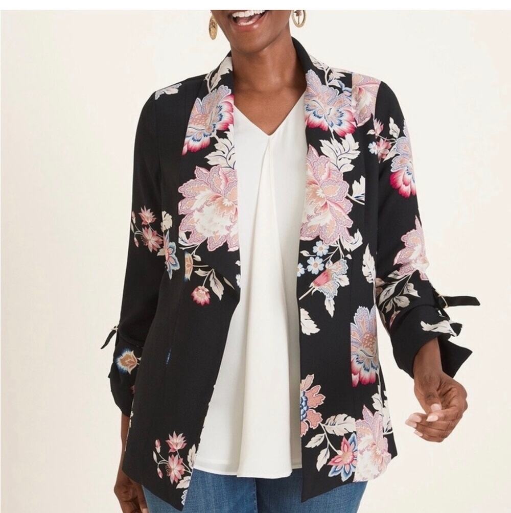 Chicos Black Floral Open Front Jacket Women’s 3/4 Sleeve Sz 3 US women’s 16